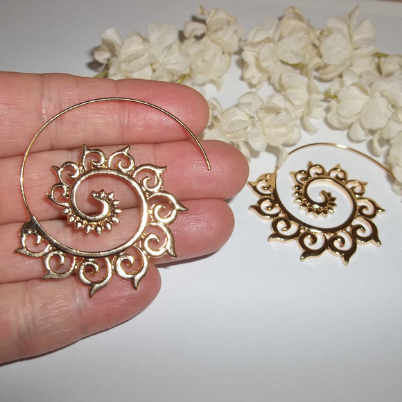 Gold Huggie Hoop Earrings Spiral Tribal Unisex Jewelry Set Pair Statement 4723 - Picture 7 of 10